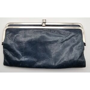 Hobo International Leather Double Frame Clutch Wallet Lauren Dark Blue Floral